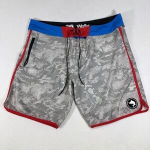 Pelagic The Wedge Mens Camo Swim Trunks Board Shorts Size 40 Red Blue Gray